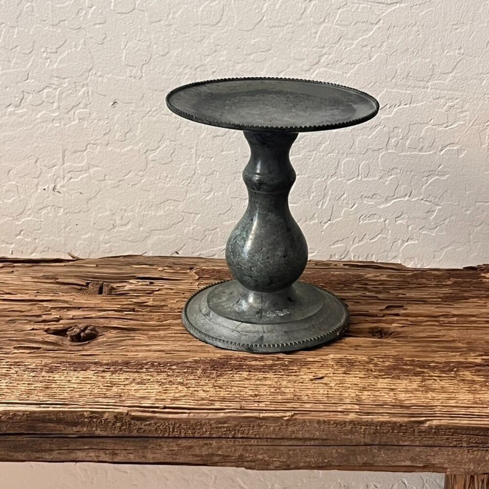 Metal Pillar Candle Holder Gray Rustic Finish 6.25" Tall